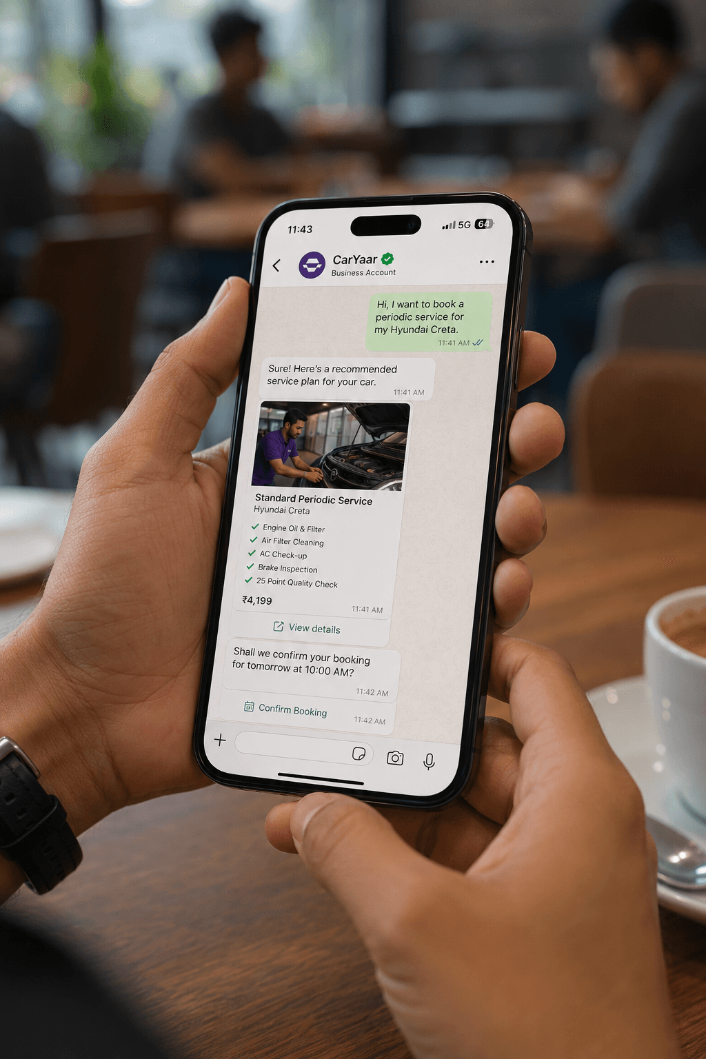 A customer booking a periodic service through the CarYaar WhatsApp chat.