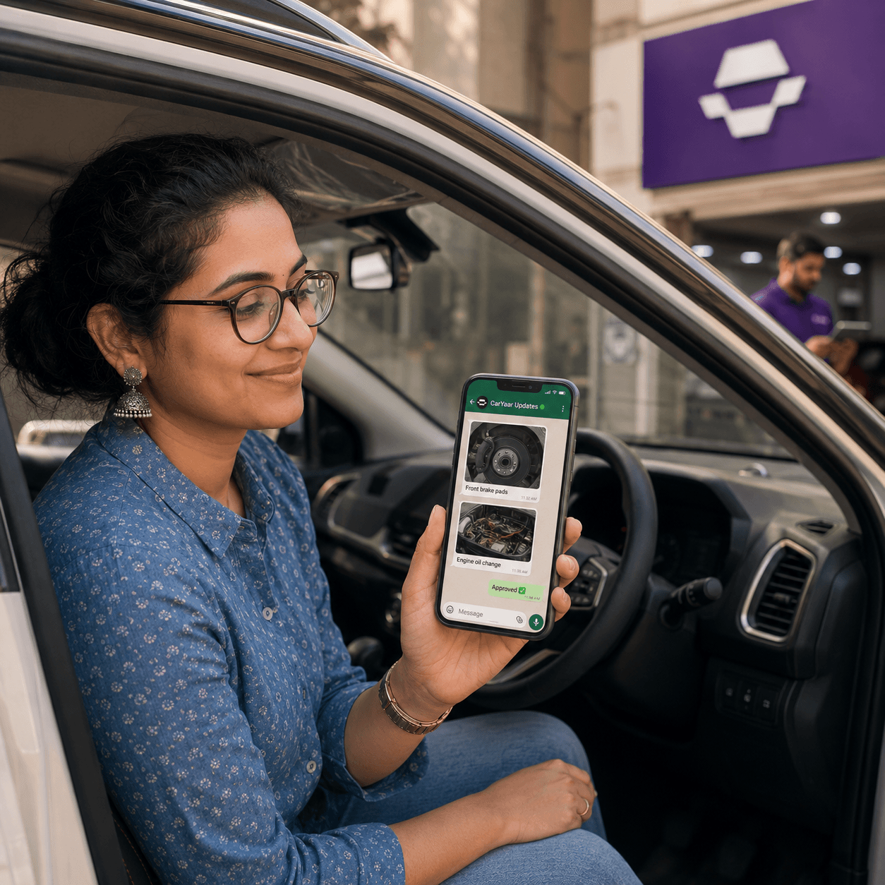A CarYaar customer in the driver's seat reading a WhatsApp update with photos of brake pad work.