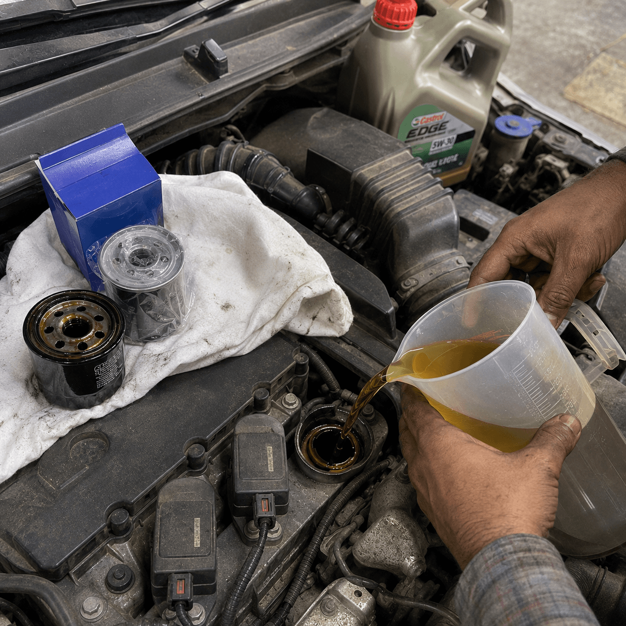 Closeup of a CarYaar technician pouring fresh engine oil into the filler neck, with the old and new oil filters laid out on a shop rag.