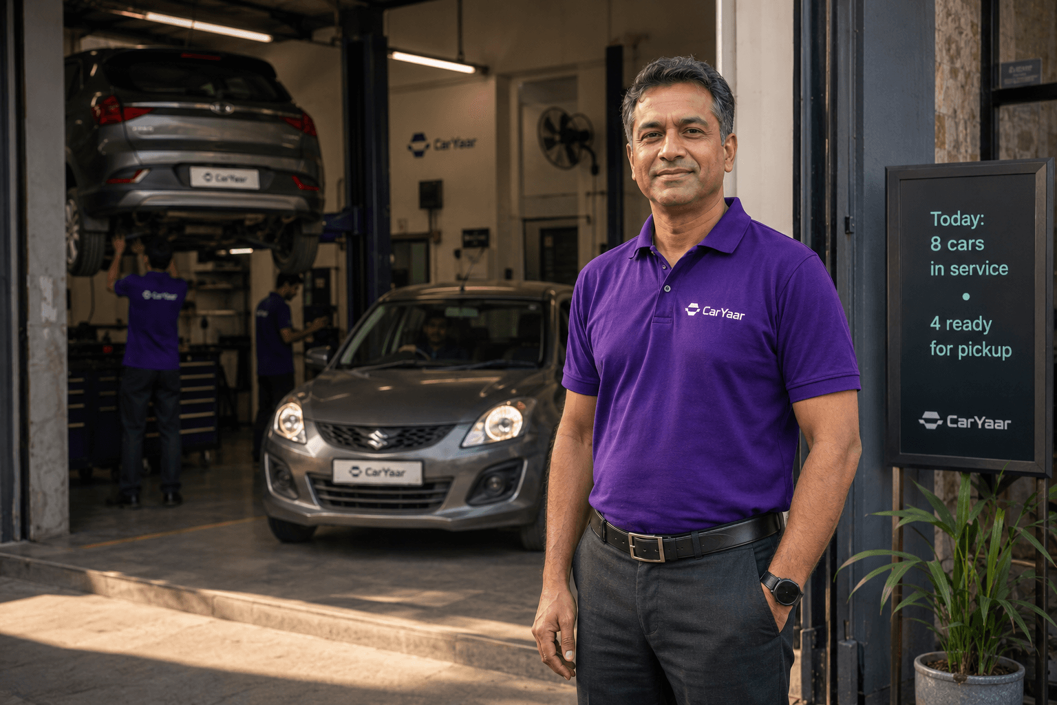 A CarYaar partner workshop owner outside his bay; live status board shows today's cars in service and ready for pickup.